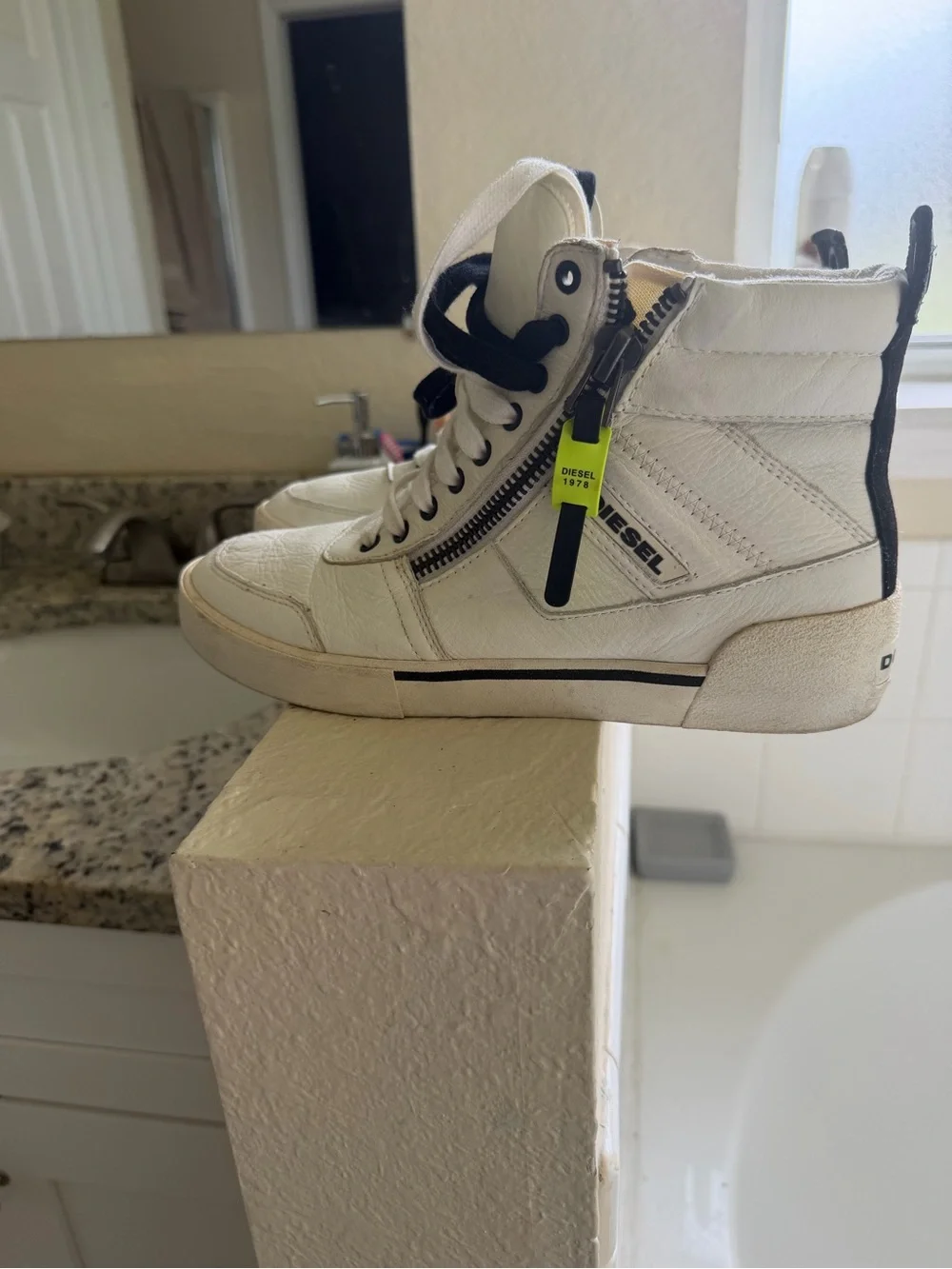 Diesel White High-Top Sneakers with Black Laces and Neon Accent
